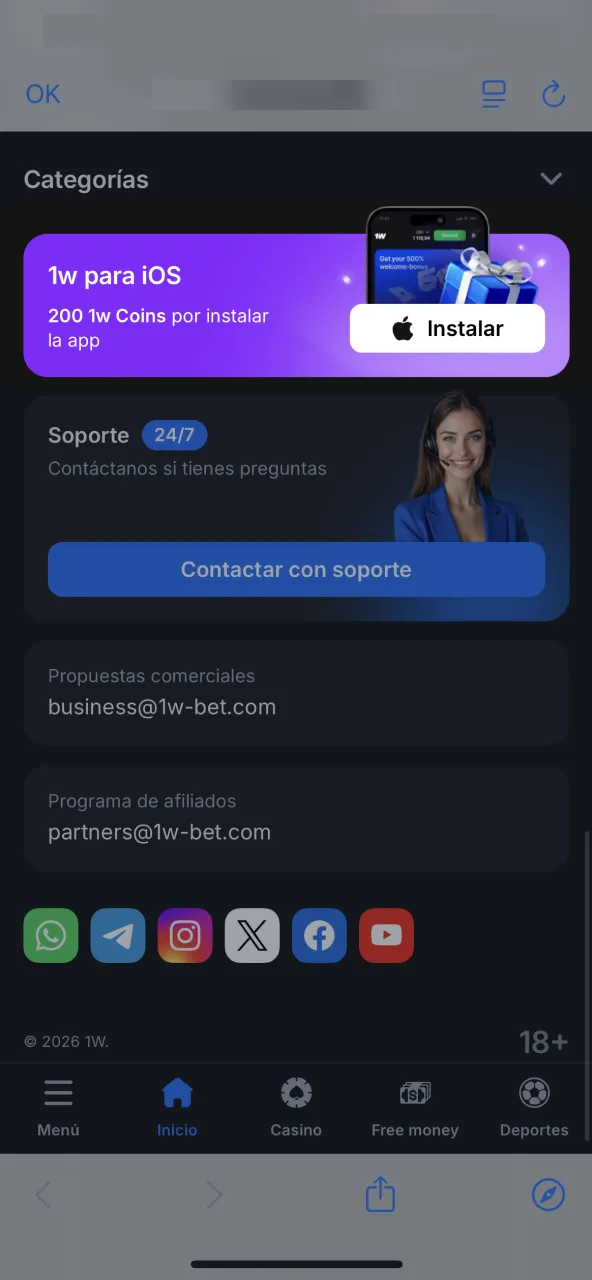 Botón iOS para Apple aparece abajo en la página de 1win.