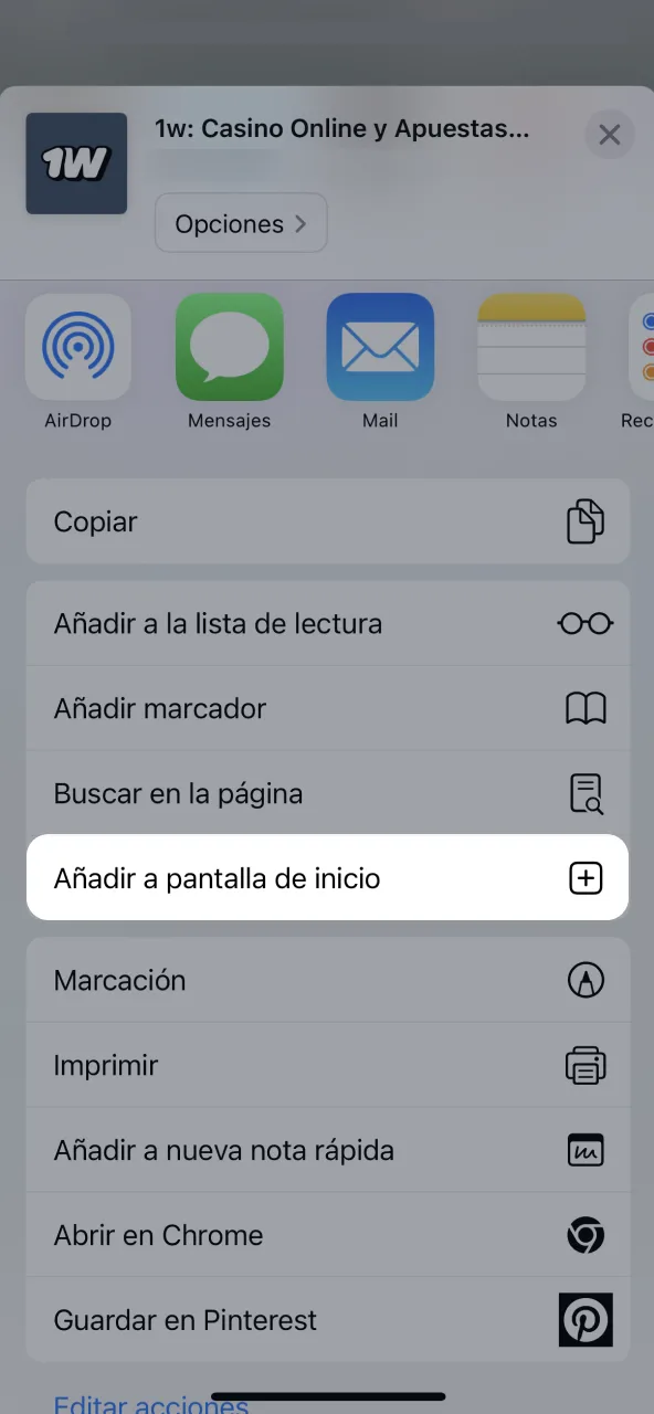 En 1win agrega acceso directo a la pantalla de inicio.